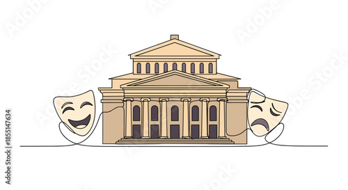 Classical theater building shown in a continuous line drawing with comedy and tragedy masks floating on either side.