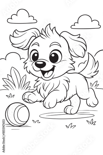 Happy Puppy Chasing Ball Outdoor Coloring Page