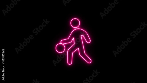 Pink Neon basketball player outline animation against dark background. Neon Icon. Neon Sign