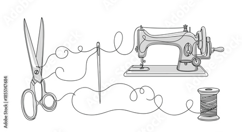 Collection of vintage sewing tools including sharp scissors, a needle with thread, a spool, and an old manual sewing machine.