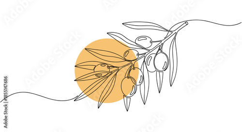 Elegant single line drawing of an olive branch with fruits and leaves featuring a decorative yellow circle on a white background.