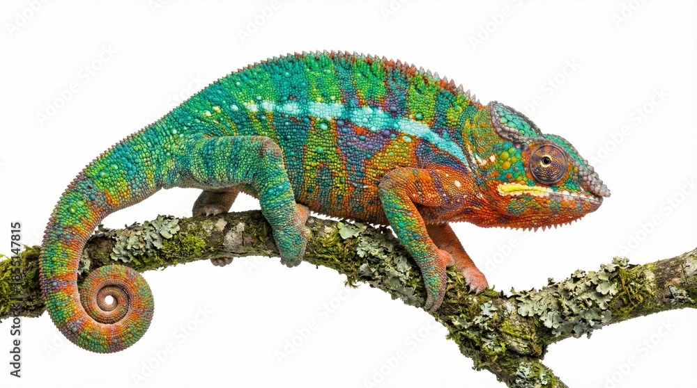 Obraz premium A vibrant chameleon perched on branch isolated on a white background
