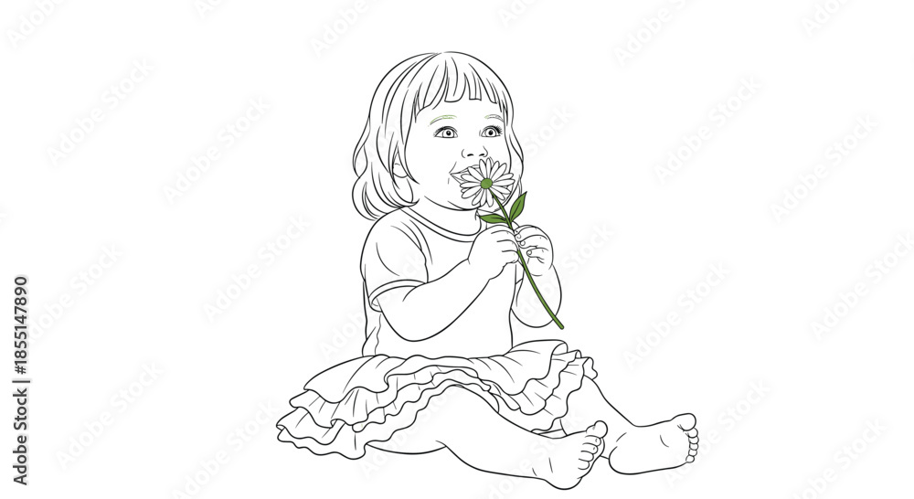 Fototapeta premium Little girl in a frilly tutu sits on the ground and enjoys the sweet scent of a fresh daisy flower in this simple line art.