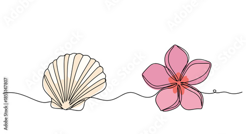 Beautiful continuous line drawing of a textured scallop seashell and a blooming pink flower for a tropical or beach theme design.