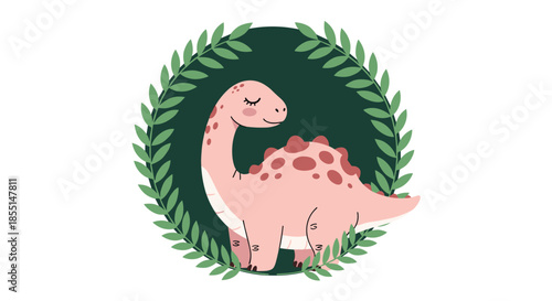 Sweet illustration of a pink and brown spotted dinosaur sitting inside a green leafy wreath against a dark green circular frame.