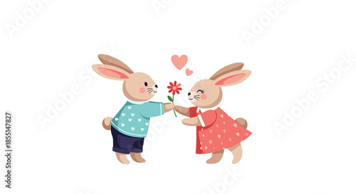 Adorable illustration of two rabbits in human clothes, one giving a small red flower to the other with several floating hearts.