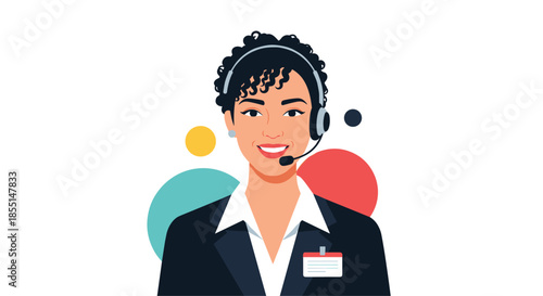 Professional illustration of a smiling female customer service representative wearing a headset and formal business suit for work.