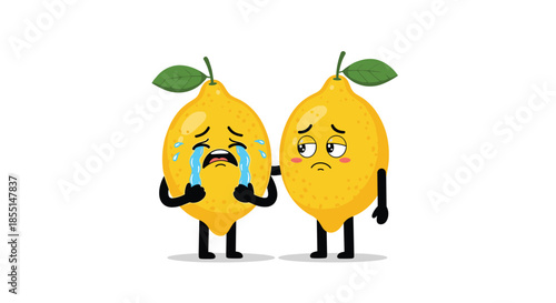 Heartfelt cartoon illustration of a crying lemon character being comforted by a sympathetic friend on a clean white background.