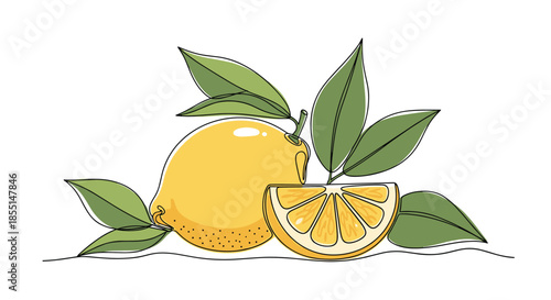 Fresh continuous line drawing of a whole yellow lemon and a juicy wedge with green leaves against a plain white background.