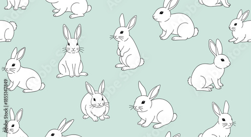 Adorable seamless pattern of white rabbits in various poses scattered across a soft light green background for nursery decor.