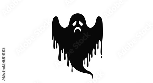 Spooky black silhouette of a sad ghost with dripping edges and expressive downturned eyes for various Halloween decorations.