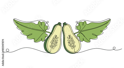 Creative continuous line drawing of two halves of a yellow squash with green leafy wings spread out on either side for a food concept.