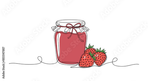Tempting continuous line drawing of a glass jar filled with red strawberry jam and several fresh strawberries placed next to it.