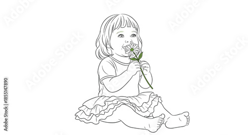 Little girl in a frilly tutu sits on the ground and enjoys the sweet scent of a fresh daisy flower in this simple line art.