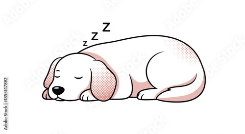 Adorable cartoon illustration of a fluffy white and tan dog sleeping soundly with black snoring letters above it on a white background.