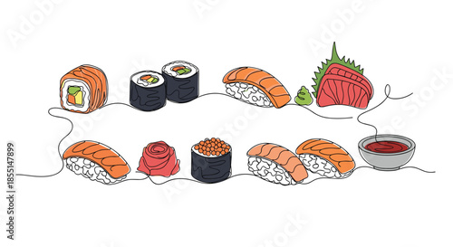 Variety of sushi rolls and sashimi are showcased in a single continuous line drawing with splashes of red and green color.