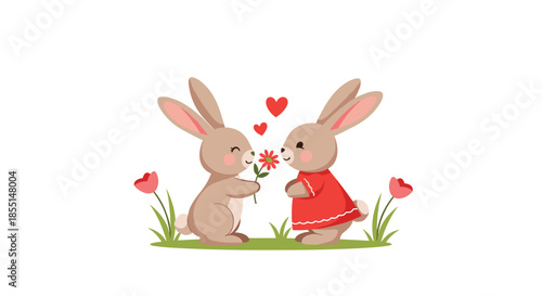 Two loving brown rabbits, one wearing a pretty red dress, exchange a flower and hearts in a sweet meadow illustration.