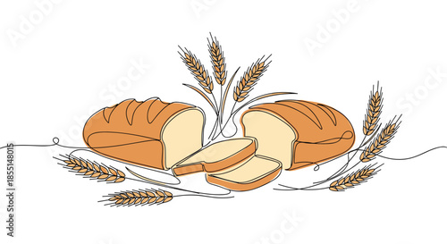 Loaves of sliced and whole crusty bread are surrounded by golden stalks of wheat in a minimalist continuous line illustration.