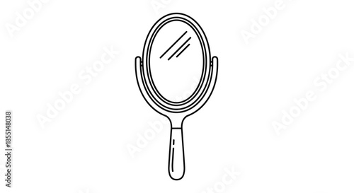 Classic oval-shaped hand mirror with a sleek handle and reflective glass is presented in a clean black and white line drawing.