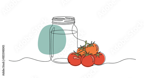 Transparent glass jar sits next to a fresh cluster of red vine tomatoes in a simple and clean continuous line drawing.