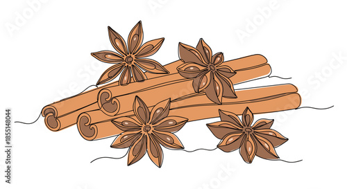 Bundle of cinnamon sticks and star anise spices are intertwined in a minimalist continuous line drawing with warm brown tones.