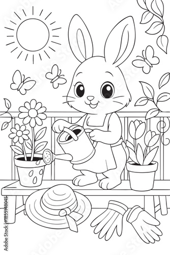 Cute Bunny Watering Spring Flowers Coloring Page