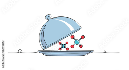 Polished silver platter opens to reveal scientific molecules inside in a unique and creative continuous line drawing illustration.