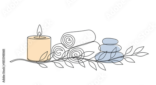 Selection of spa items including a candle, towels, and stones are displayed in a peaceful continuous line drawing with soft colors.