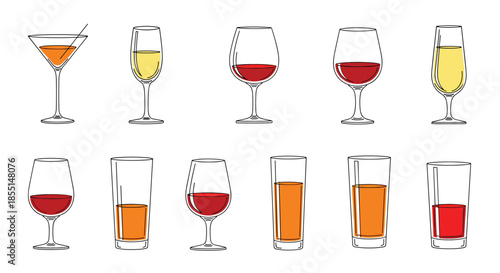 Assorted collection of different beverage glasses containing various drinks in a simple line art style for bar or party themes.