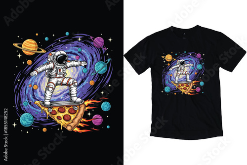 Astronaut skateboarding on pizza slice in outer space vector illustration.