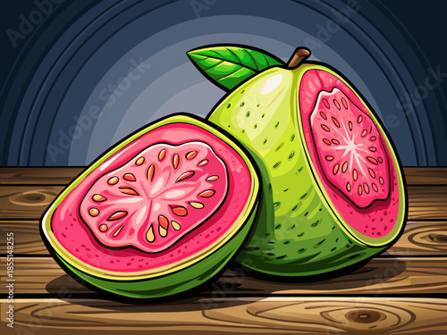 vector of Fresh halved guava with vibrant pink flesh and green skin on a dark background, placed on a wooden table.