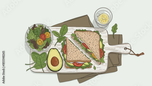 Sandwich with Avocado and Salad Illustration.