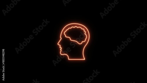 Human head icon with orange neon outline and visible brain. Neon Icon. Neon Sign