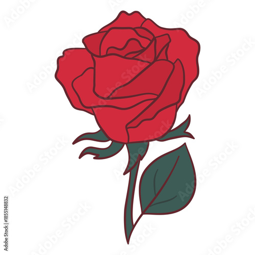 Single red rose with stem and leaf romantic floral graphic design
