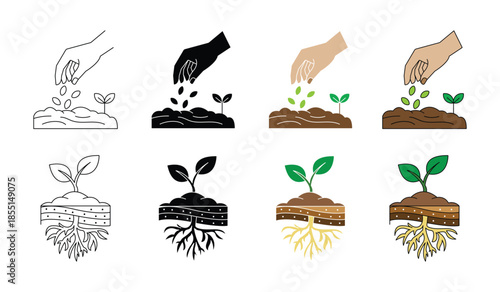 Planting seeds and plant growing icon set. Agriculture concept gardening, farming , botany science. Eco farming, sustainability. Vector Illustration.