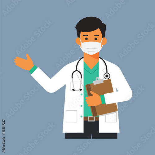 Illustration of a doctor wearing a mask and holding a clipboard, suggesting medical expertise and patient care