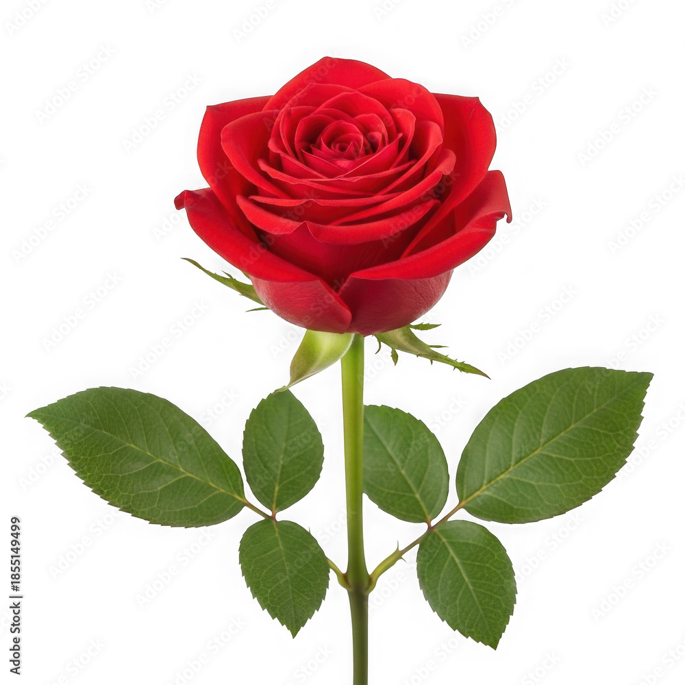 Fototapeta premium Single red rose with green leaves isolated on transparent background