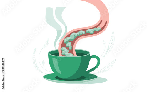 Green tea cup with healthy gut bacteria rising out