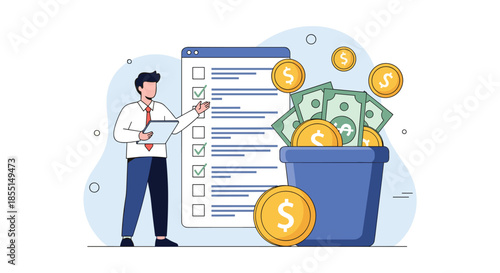Successful businessman presenting a large bucket filled with money and gold coins next to a completed business checklist.