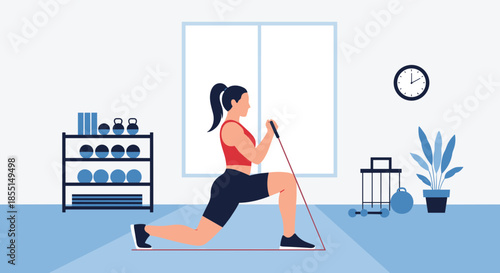 Fit woman performing lunge exercises with a resistance band in a well-equipped home gym with weights and yoga mats.