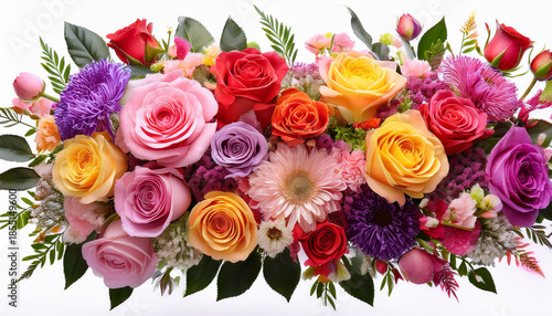 Vibrant Display Of Colorful Roses And Cascading Flowers Creates Stunning Floral Arrangement Mix Of Pink Red Orange Yellow And Purple Blooms Against White Background Adds Cheerful And Elegant