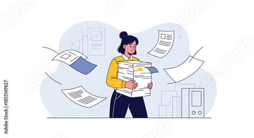 Stressed female office employee holding large stack of paperwork with various sheets flying around her in a busy work environment.
