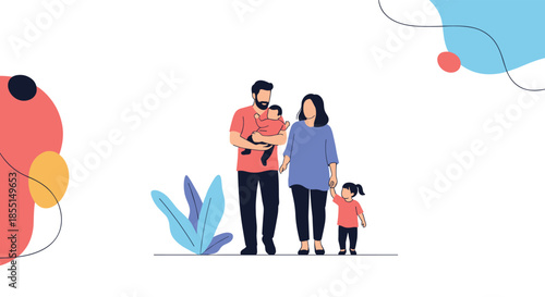 Happy diverse family walking together outdoors with a young child and baby in a peaceful park setting during daytime.