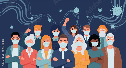 Large group of diverse people wearing protective face masks to prevent the spread of virus particles in a public space.