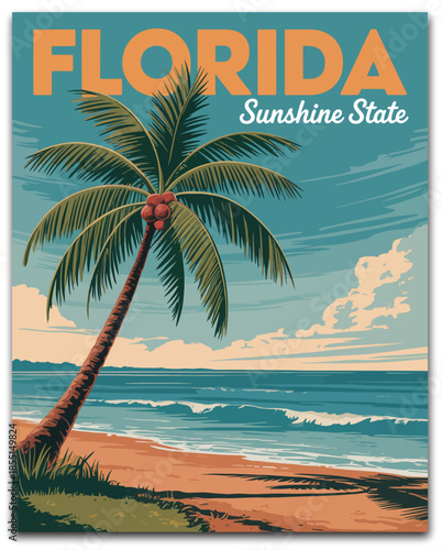 Florida travel poster, vintage beach illustration with palm trees ocean waves sunny sky coastal vacation destination artwork