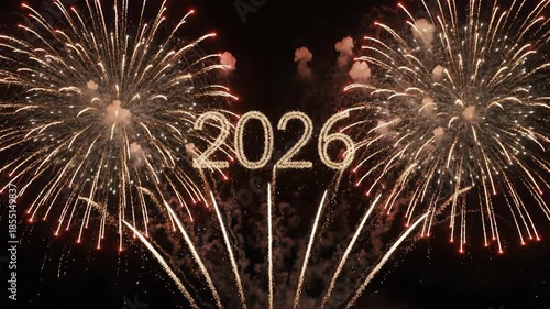 A spectacular, celebratory golden fireworks display explodes in the dark night sky, prominently featuring the year 2026 in a cinematic style.