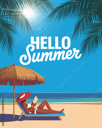 Hello Summer, tropical beach vacation illustration with sun umbrella palm trees and relaxing seaside mood