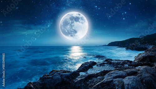 Surreal Night Landscape Featuring Illuminated Moon Over Ocean With Stars And Rocky Shoreline