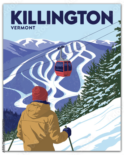 Killington vermont, scenic winter ski resort illustration with snowy mountains cable car alpine adventure travel poster