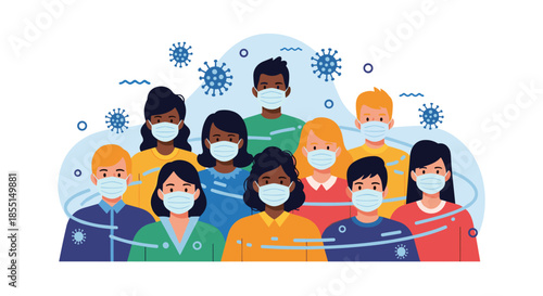 Diverse crowd of men and women wearing surgical face masks for protection against floating virus cells in a shared area.